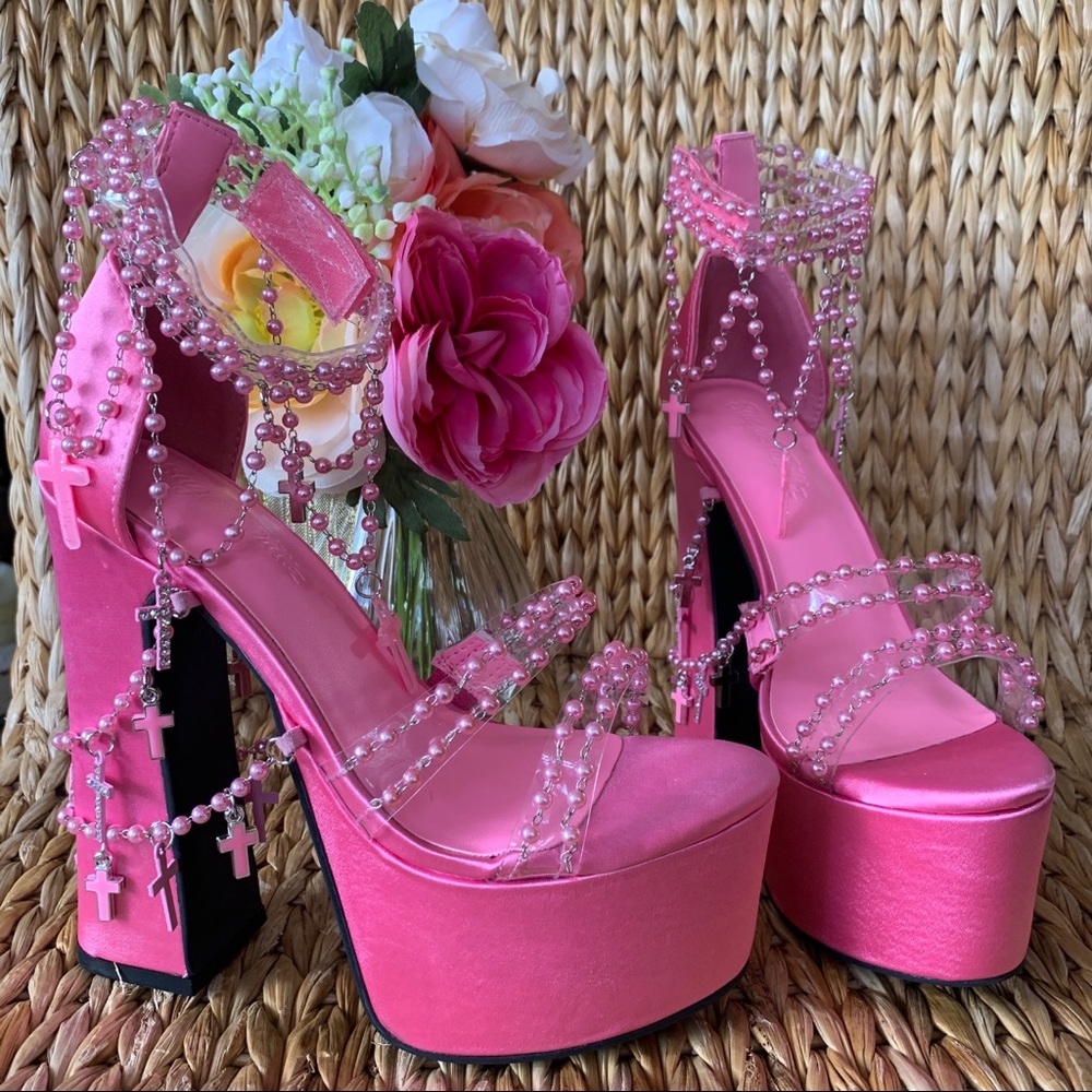 New Sugar Thrillz x Dolls Kill Hot Pink Satin Platform Heels